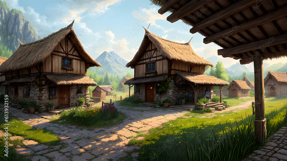Realistic medieval village environment. 3D Illustration. Fantasy art. Digital art