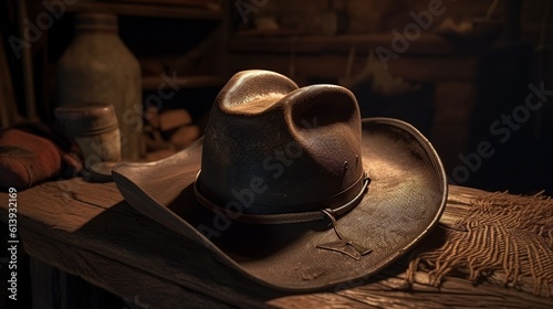 Western style still life with cowboy hat. Rustic indoor interior background with copy space. Wild west accessories. AI generative image.