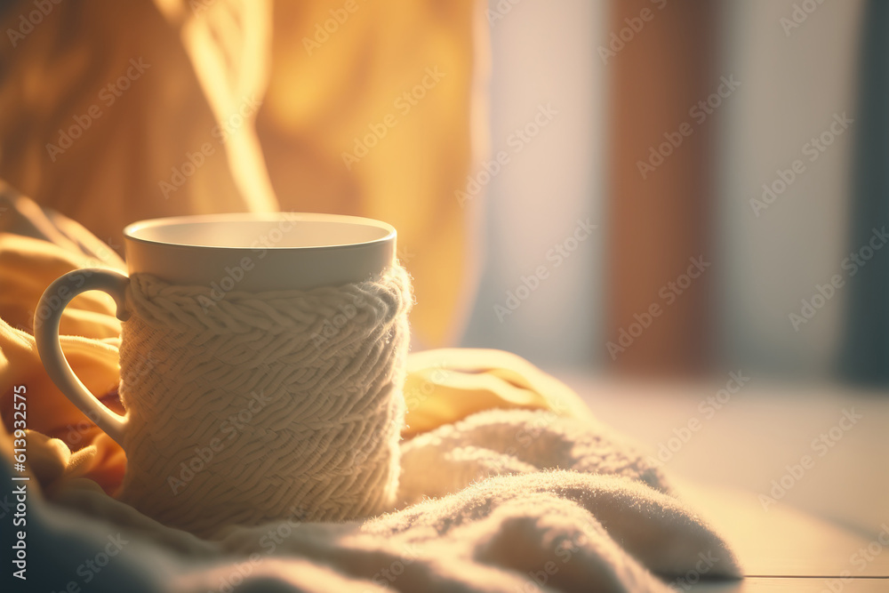 Illustration of cozy morning in the bedroom. Cup with hot drink indoor background with copy space. AI generative image.