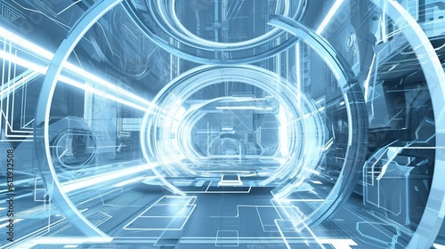 Futuristic tunnel, glowing lines and blue lights. AI generative image.