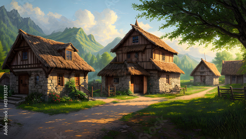 Realistic medieval village environment. 3D Illustration. Fantasy art. Digital art