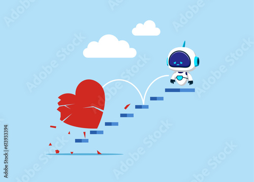 Broken heart. Robot with artificial intelligence near crushed heart. After love failure, burnout or no inspiration.  Flat vector illustration