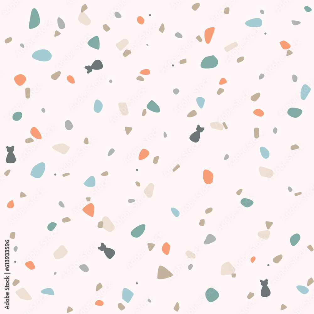 Terrazzo flooring vector seamless pattern in dark colors. Cute stone pattern with cat silhouette