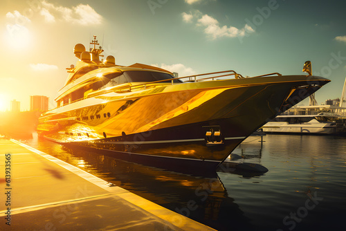 Unrealistic expensive private golden shining color yacht ship boat at the pier with a tropical harbor in the city of palm trees. Generative AI.
