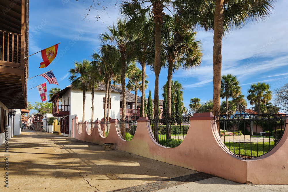 View of St George Street in St Augustine, FL. Founded in 1565 by Spanish explorers, it is the oldest continuously inhabited European-established settlement in the contiguous USA