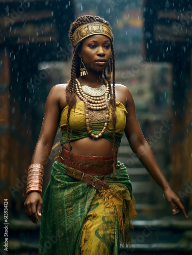 an african woman in green and gold traditional outfit walking in the rain created with Generative AI technology
 photo