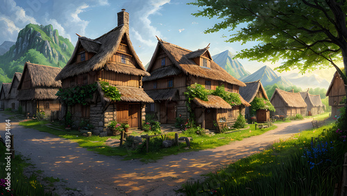 Realistic medieval village environment. 3D Illustration. Fantasy art. Digital art
