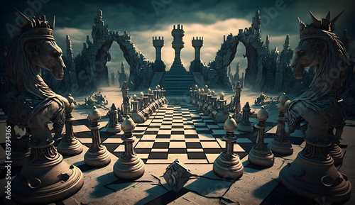 Ancient chess pieces on chessboard. Fantastic battlefield. AI generated