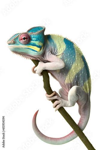 Green chameleon resting on branch. AI generated
