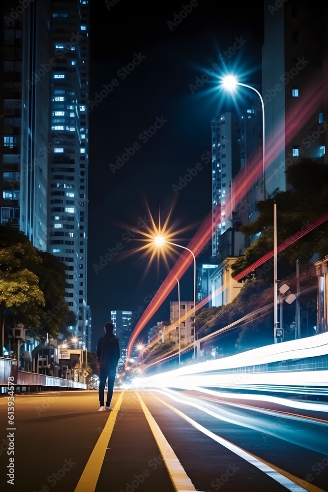 Time lapse photography of vehicle lights and a man at night in city. AI generated