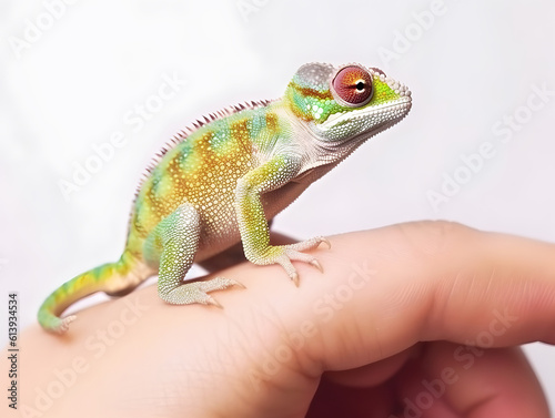 Baby chameleon resting on human finger. Lizard miniature. AI generated © ZayNyi