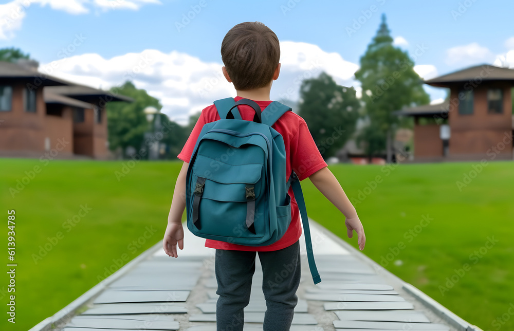 Obraz premium Student boy with backpack on way to school. Concept of back to school. AI generated