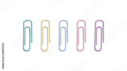 colorful paper clips Isolated for sticking paper on white background, 3d render