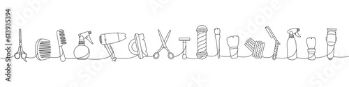 Hairdresser one line continuous drawing. Scissors, comb, hair dryer, makeup brush, razor blade, hair clipper continuous one line illustration.