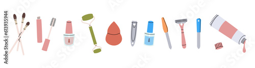 Set of makeup tools. Beauty tools silhouette. Eyeshadow brush, nail polish, massage roller, makeup sponge, nail tongs, safety razor.