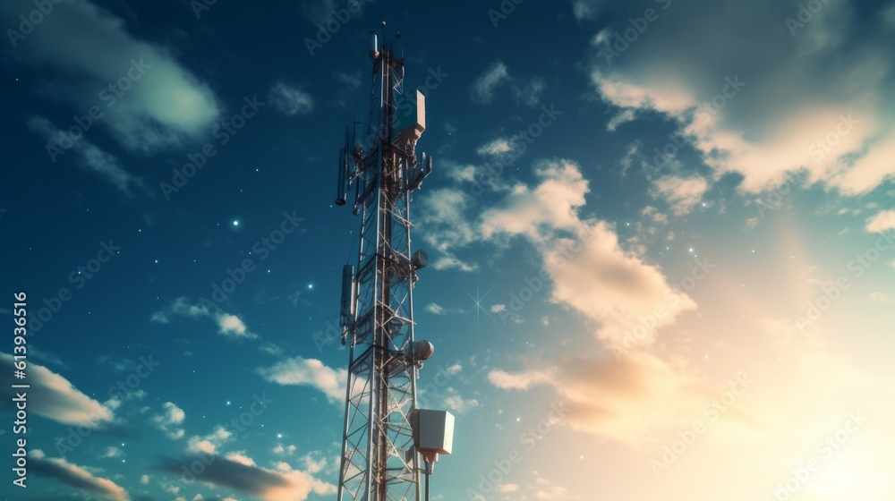 Obraz premium 5G antenna with the sky in the background. Concept of advanced technology and communication against the background of a huge sky. Generative AI