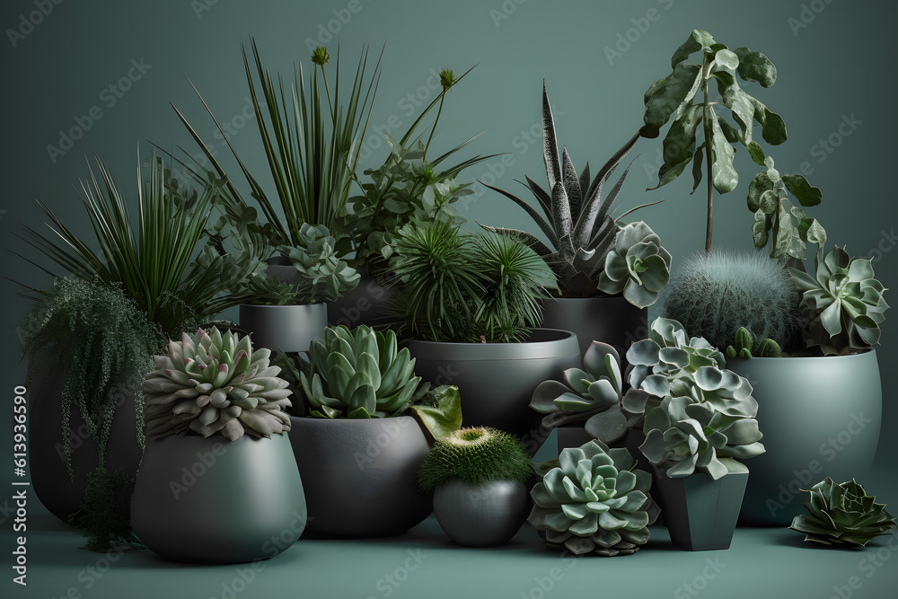 cactus and succulents in dark grey pots Generative AI