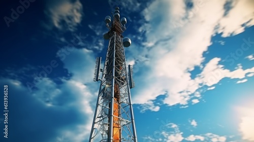 5G antenna with the sky in the background. Concept of advanced technology and communication against the background of a huge sky. Generative AI