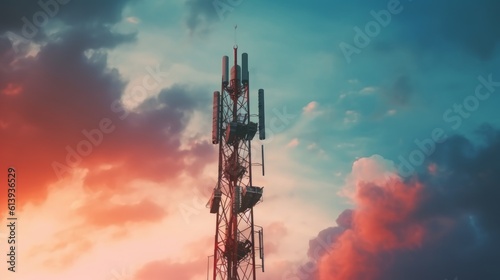 5G antenna with the sky in the background. Concept of advanced technology and communication against the background of a huge sky. Generative AI
