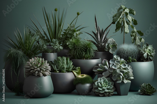 cactus and succulents in dark grey pots Generative AI