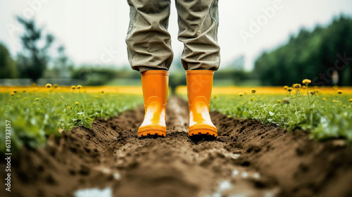Farmer stand on the field in orange rubber boots. Agricultural ecological farming, Generative AI © origami88