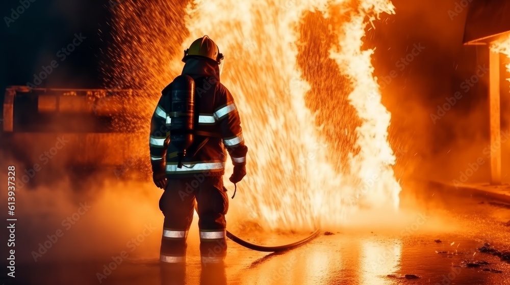 A firefighter fights the flames with water and a fire extinguisher. Concept of bravery and heroism of firefighters. Generative AI