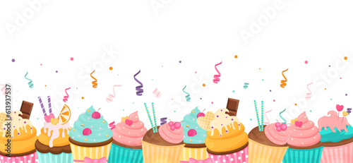 Background with cupcakes and confetti. Bakery. Holiday. Vector illustration in a flat style.