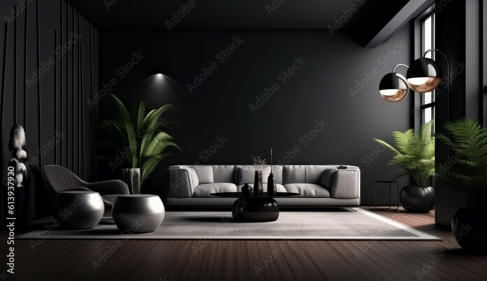 Obraz premium Modern dark home interior. Generative AI