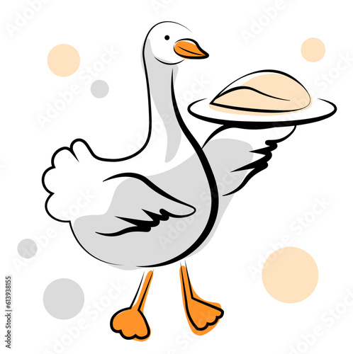 Goose served on a plate of foie gras. Vector illustration in doodle style