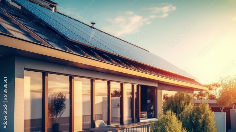 Obraz premium Modern house with solar panels under a sunny sky. Concept of renewable energy. Generative AI