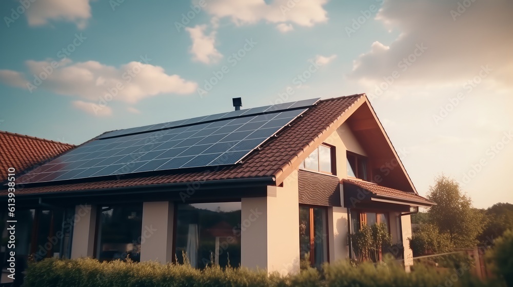 Modern house with solar panels under a sunny sky. Concept of renewable energy. Generative AI Modern house with solar panels under a sunny sky. Concept of renewable energy. Generative AI
