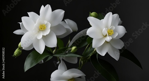 Three white flowers are in a vase on a black background, generative ai