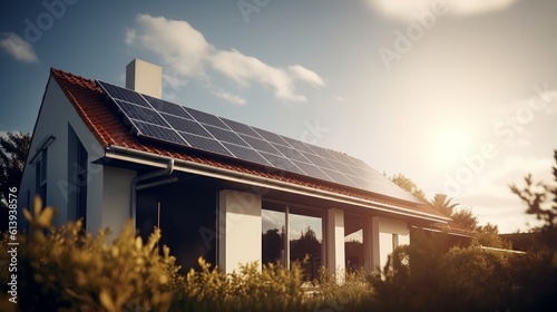 Modern house with solar panels under a sunny sky. Concept of renewable energy. Generative AI