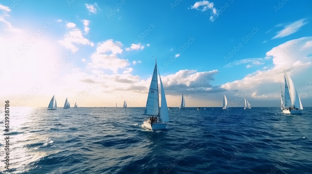 Boats sail on the blue ocean. Open water boating excitement and adventure concept. Generative AI