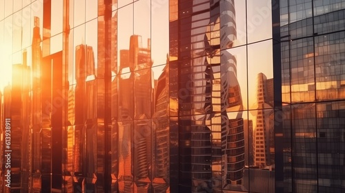 Sunset reflects off the modern glass facades. Harmonious combination of urban architecture and natural beauty. Generative AI