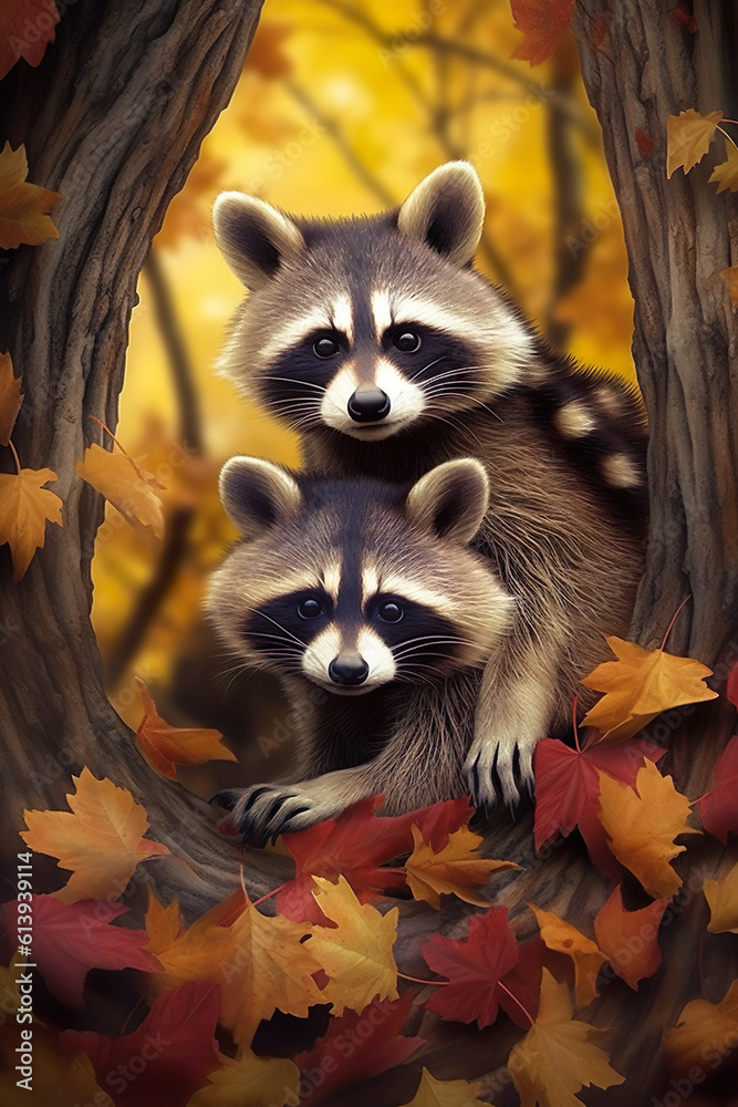 Poster Raccoon in Autumn forest. Animals concept. Generative AI illustration.
