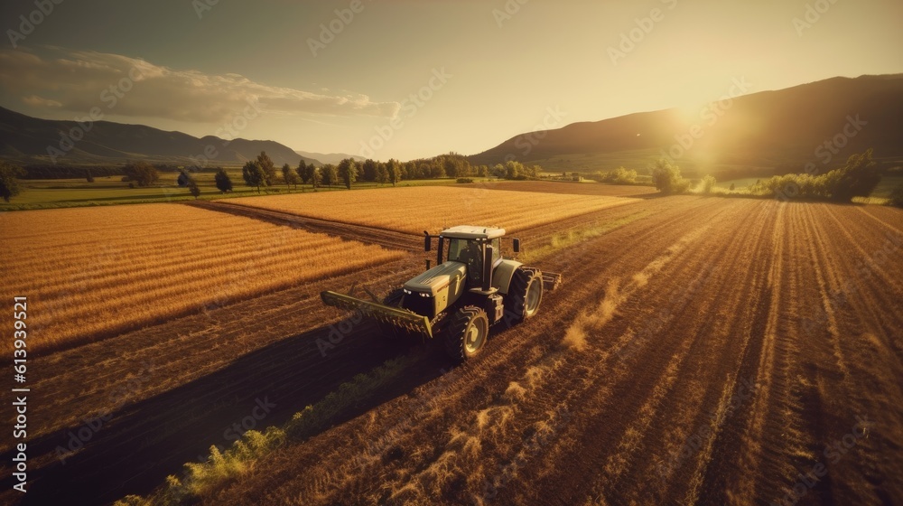 Tractor plants a field at sunrise. Concept of productivity and productivity of agriculture. Generative AI Tractor plants a field at sunrise. Concept of productivity and productivity of agriculture. Generative AI