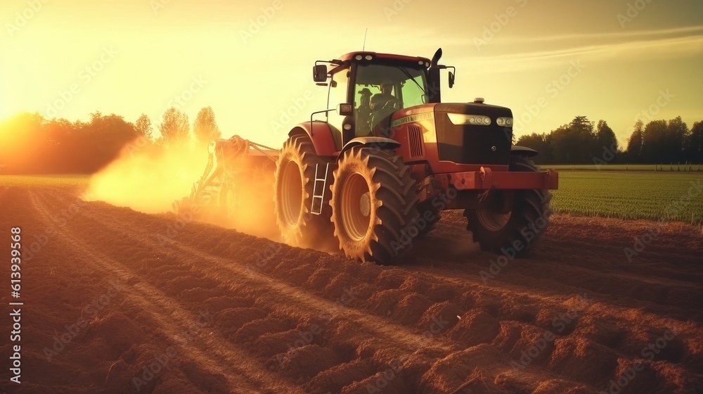 Fototapeta premium Tractor plants a field at sunrise. Concept of productivity and productivity of agriculture. Generative AI