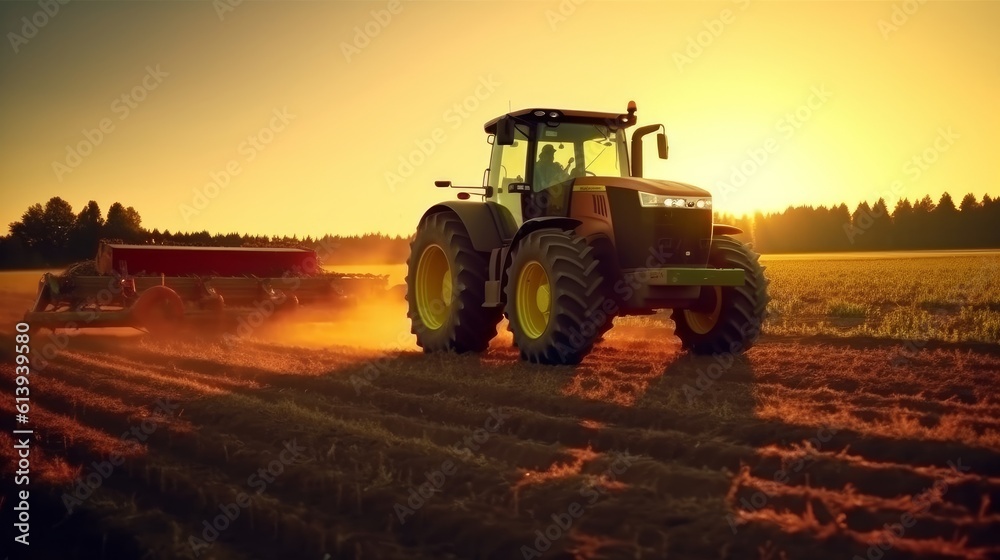 Tractor plants a field at sunrise. Concept of productivity and productivity of agriculture. Generative AI Tractor plants a field at sunrise. Concept of productivity and productivity of agriculture. Generative AI