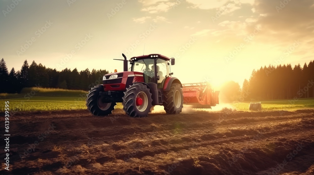 Tractor plants a field at sunrise. Concept of productivity and productivity of agriculture. Generative AI Tractor plants a field at sunrise. Concept of productivity and productivity of agriculture. Generative AI