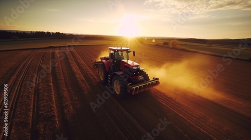 Tractor plants a field at sunrise. Concept of productivity and productivity of agriculture. Generative AI © David
