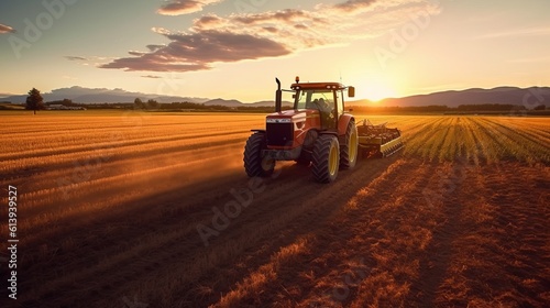 Tractor plants a field at sunrise. Concept of productivity and productivity of agriculture. Generative AI