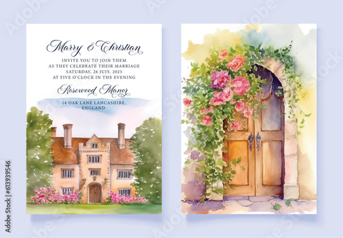 Watercolor wedding in a classic castle garden with floral wooden door