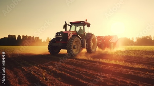 Tractor plants a field at sunrise. Concept of productivity and productivity of agriculture. Generative AI