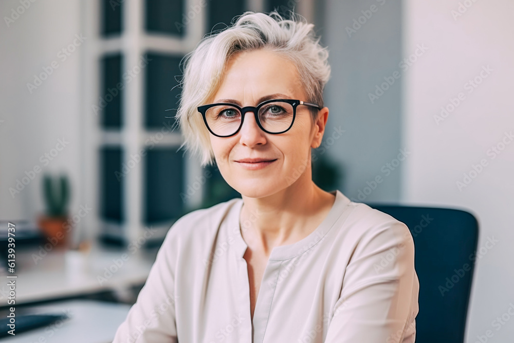Beautiful middle-aged financial business woman executive, with gray hair and glasses, looks at the camera and smiles Beautiful middle-aged financial business woman executive, with gray hair and glasses, looks at the camera and smiles