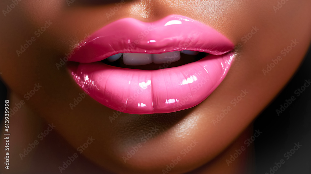 Plump passionate lips on dark-skinned girl, close-up. Sexy glossy lip makeup. Beautiful makeup, pink lipstick and gloss - obrazy, fototapety, plakaty 