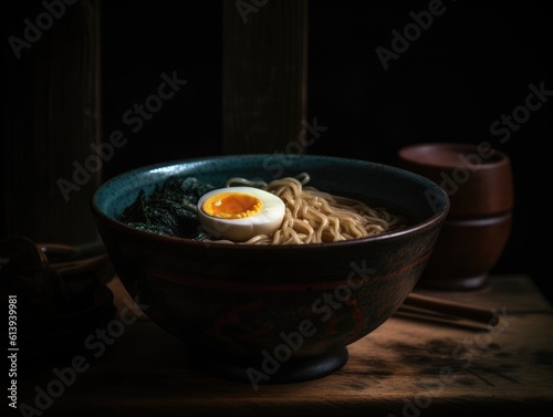 Hot delicious Japanese ramen noodles with egg. Generative AI