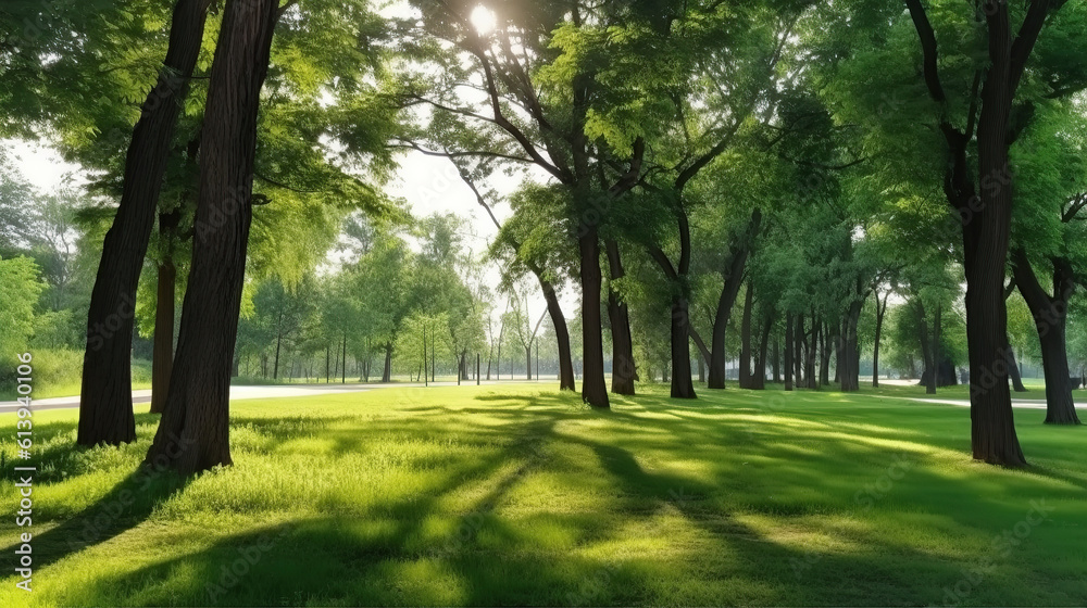 product photograph of Trees in the park with green grass and sunlight, fresh green nature background