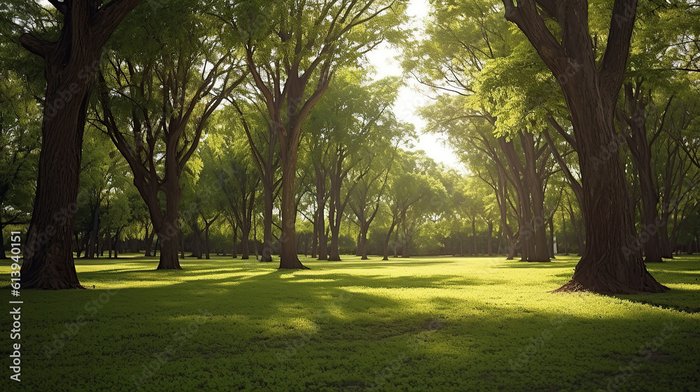 Obraz premium product photograph of Trees in the park with green grass and sunlight, fresh green nature background