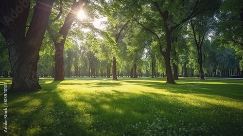 Product photograph of Trees in the park with green grass and sunlight, fresh green nature background.